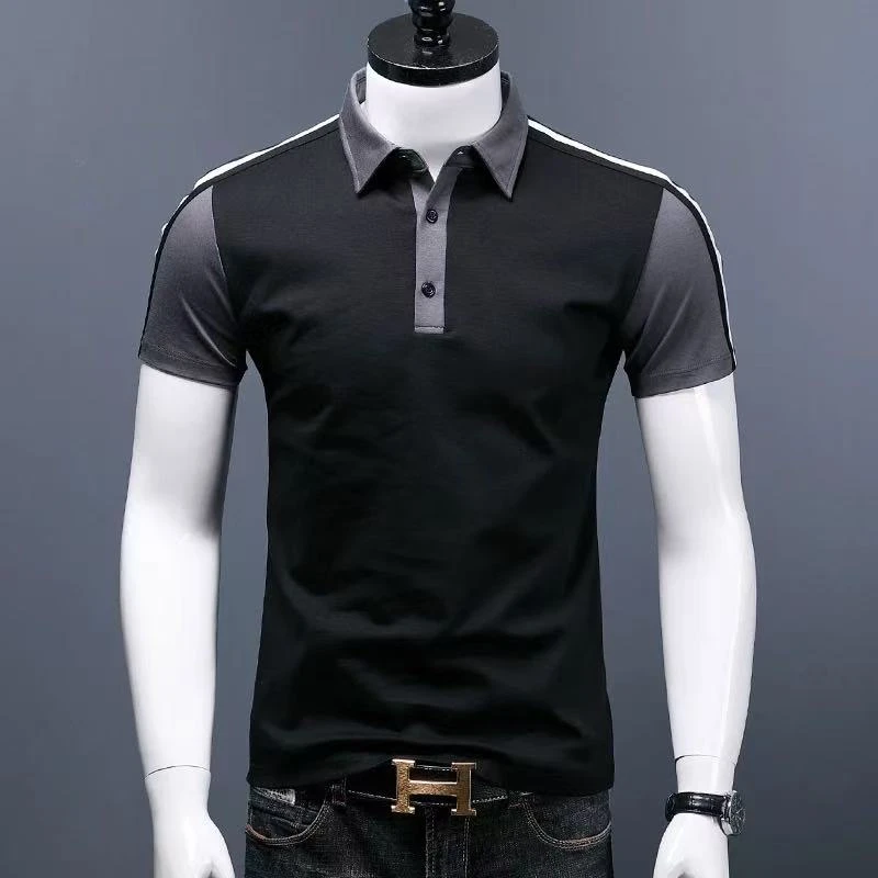 拼接短袖夏季翻领清凉休闲短袖帅气半袖修身潮流薄款男士上衣