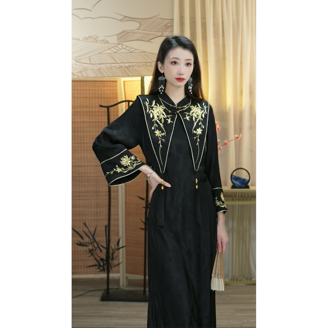 微岚熙2024新款春季新中式民风复古时尚提花连衣裙(2097)