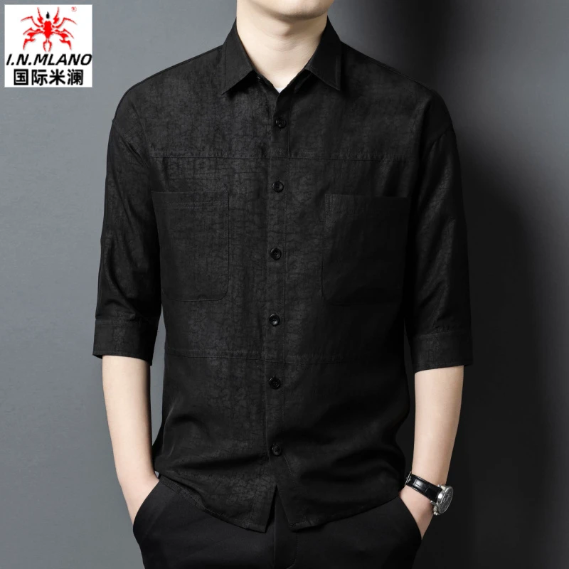 【非遗香云纱】100%桑蚕丝短袖衬衫男中国风夏季新款真丝中年衬衣男