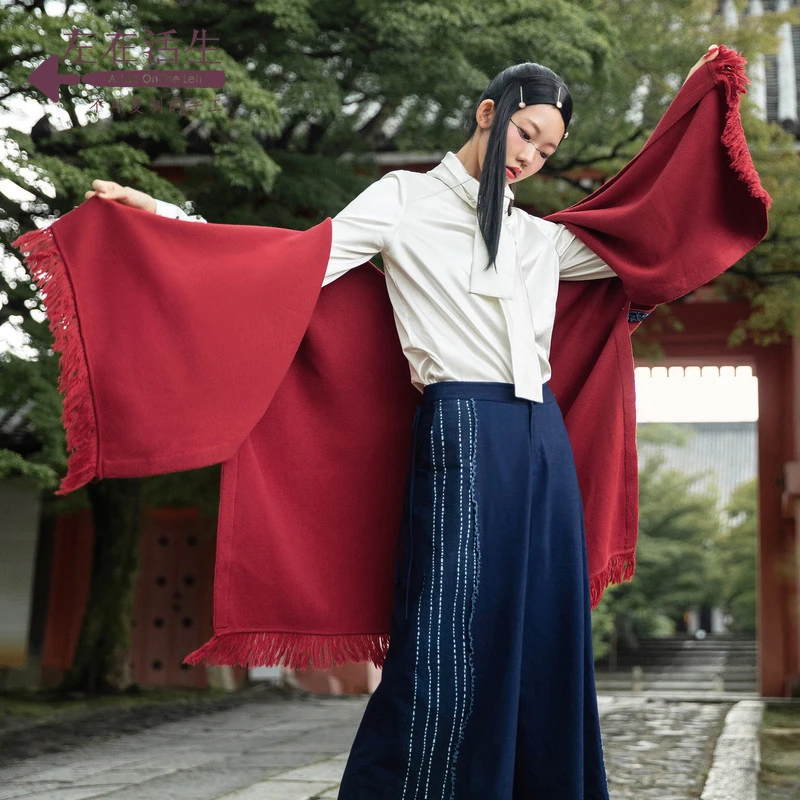 生活在左26春季新款酱红色开衫外搭毛衣女宽松慵懒风配腰带