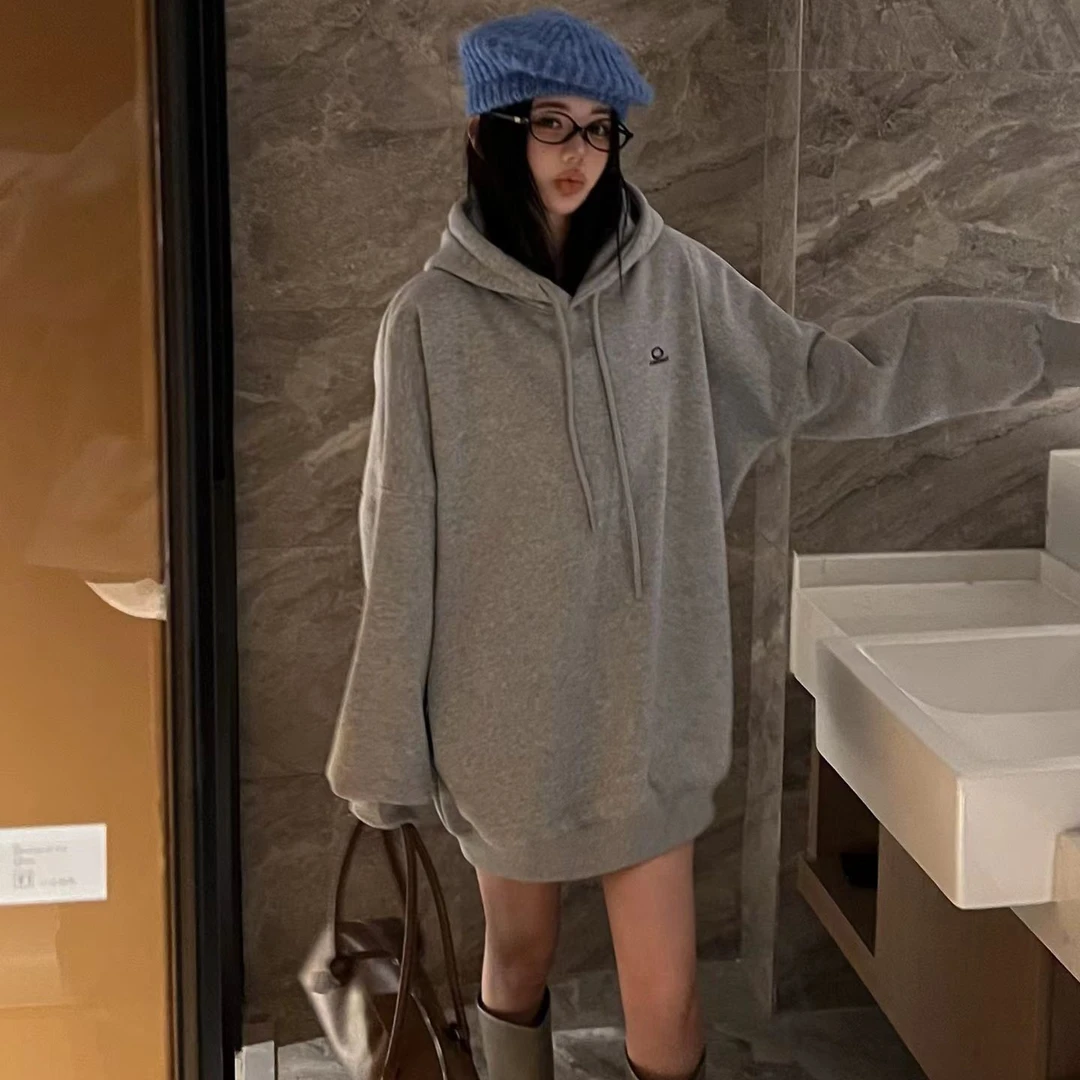 秋冬新款加绒连帽卫衣小字母中长款大码宽松休闲时尚百搭