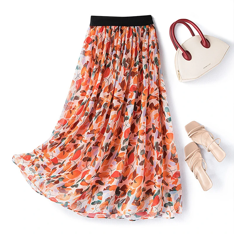 女装夏季花色A字真丝半身裙新款长裙修身显瘦气质松紧腰裙子碎花