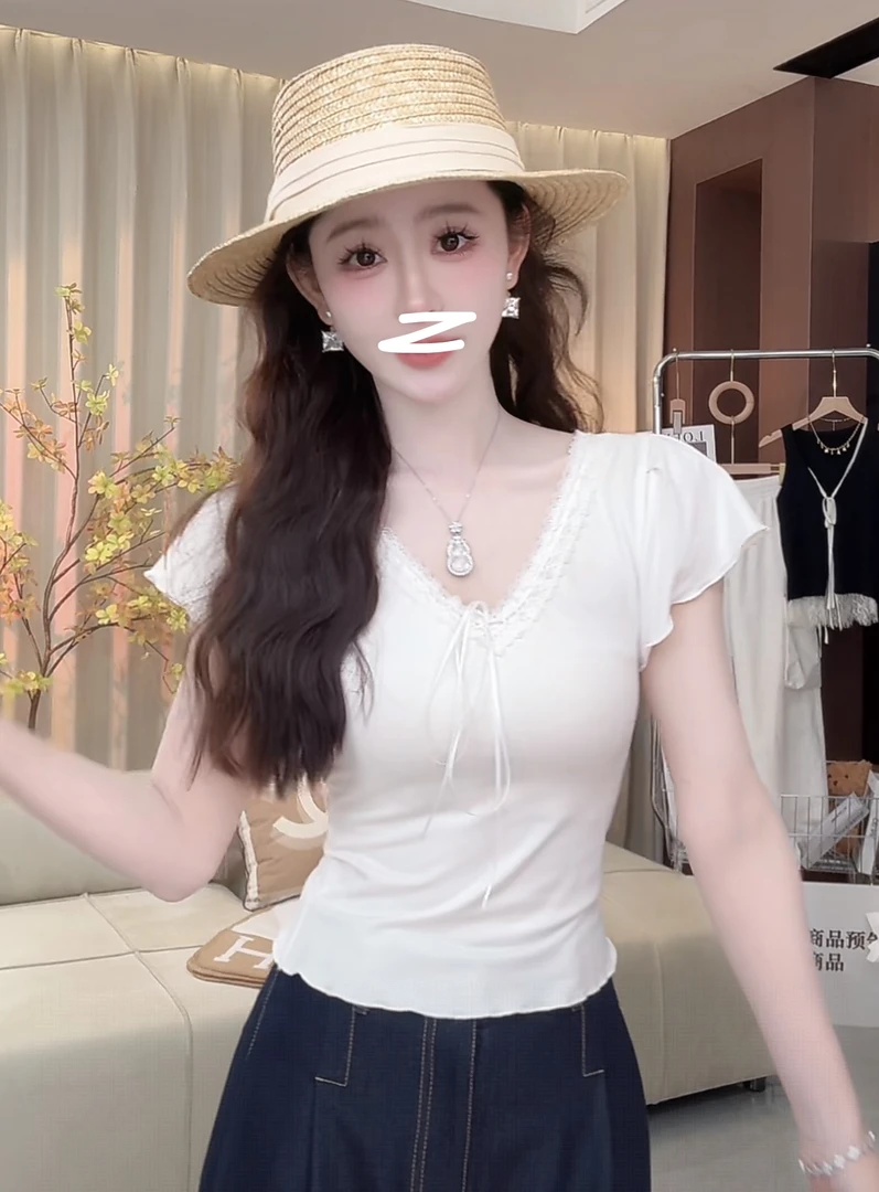 西恩定制●【浪漫邂逅】夏季设计感蝴蝶结系帯蕾丝拼接T恤JJX5TX2019