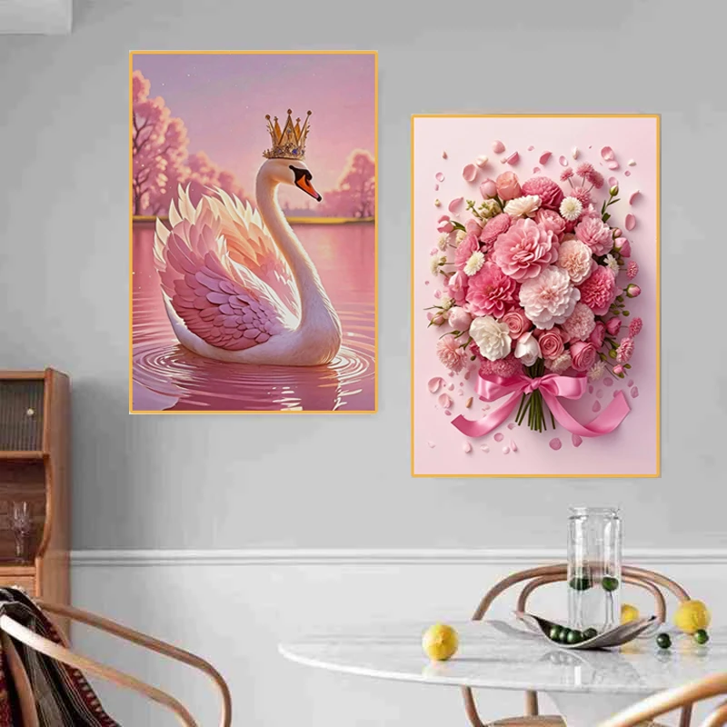 2061【天鹅花卉】晶瓷镶钻餐厅挂画现代客厅餐厅餐桌装饰画