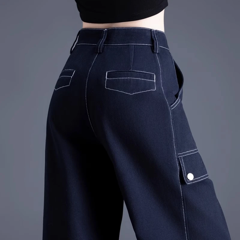 工装牛仔裤女藏蓝色裤子女新款2025爆款春秋加长高个子品牌阔腿裤