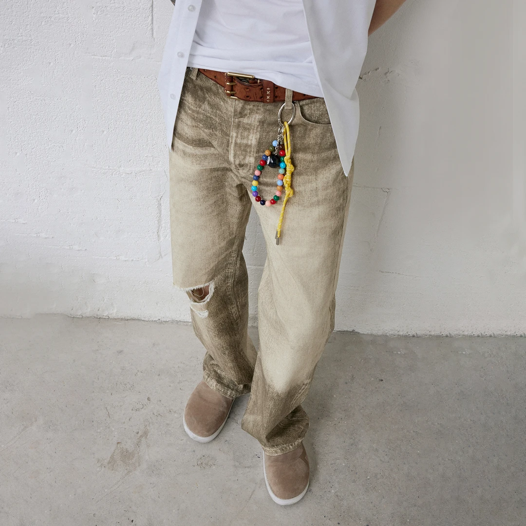 DRK打印牛仔长裤休闲裤复古破洞做旧直筒宽松美式百搭个性设计师