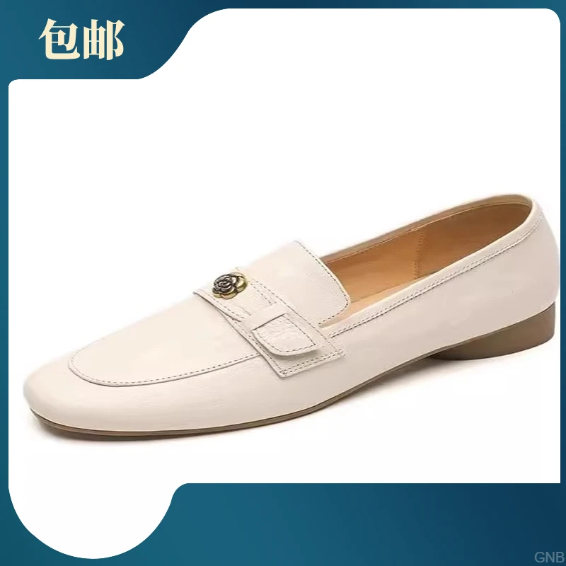 复古山茶花粗跟乐福鞋女2025夏新款舒适懒人一脚蹬圆头小皮鞋平底