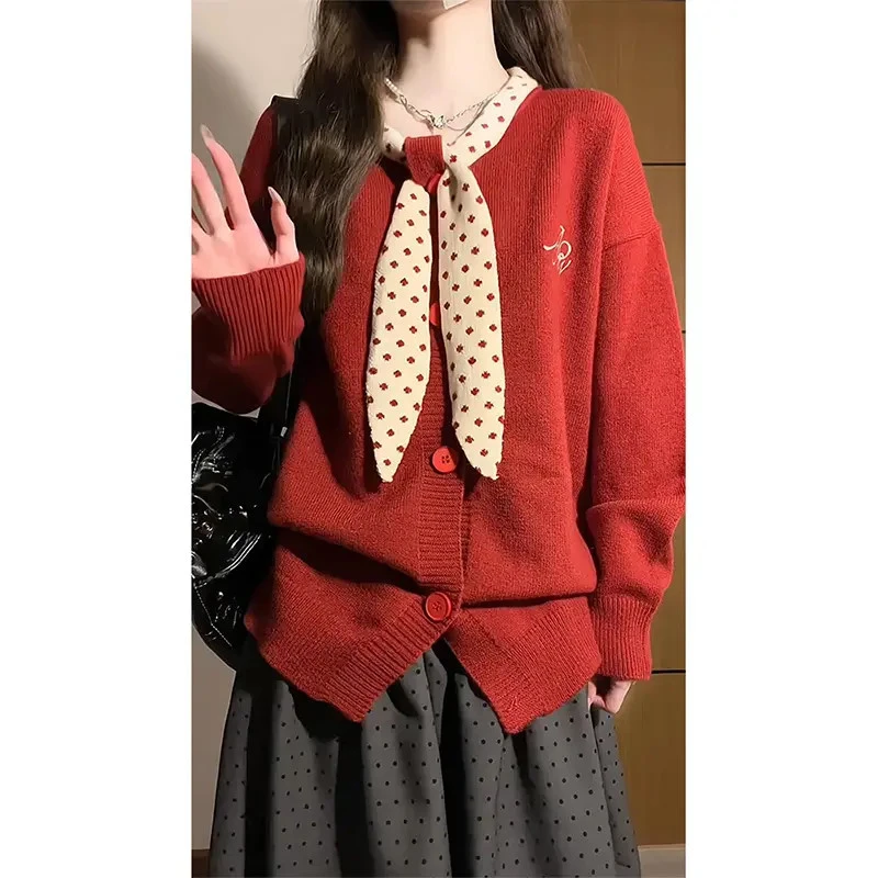 韩系氛围感红色波点领巾针织衫秋冬时尚设计感洋气宽松软糯毛衣