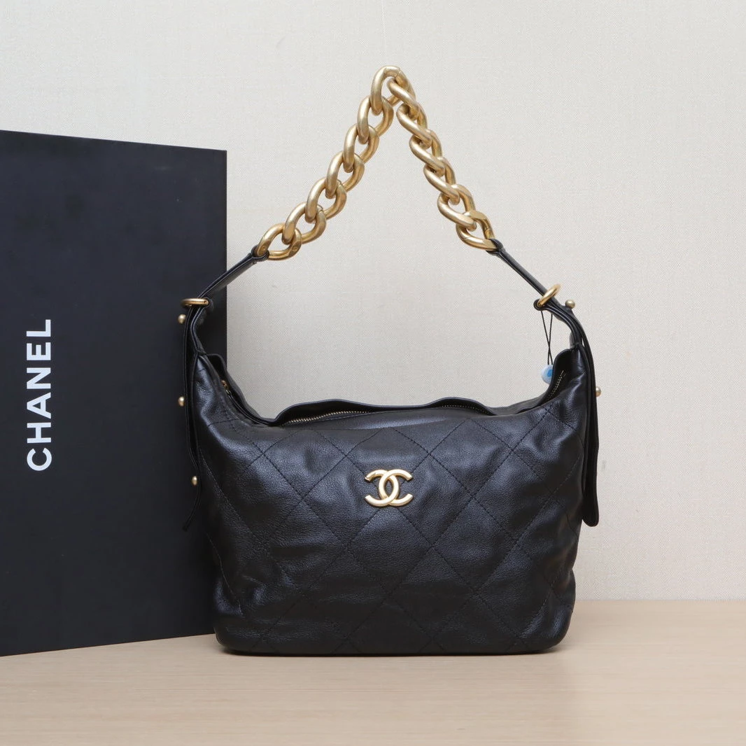 99新 Chanel/香奈儿 【黑黑】22S 粗链条Hobo嬉皮包 中号 芯片开