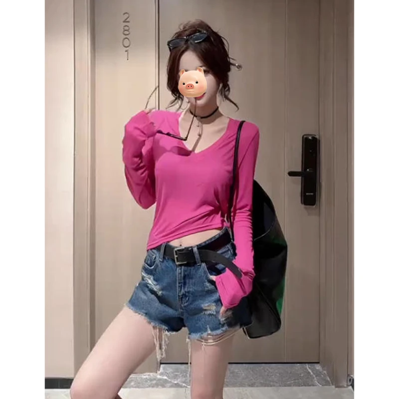 玫红色V领甜辣薄款冰丝防晒长袖T恤女夏季外搭修身短款空调衫上衣