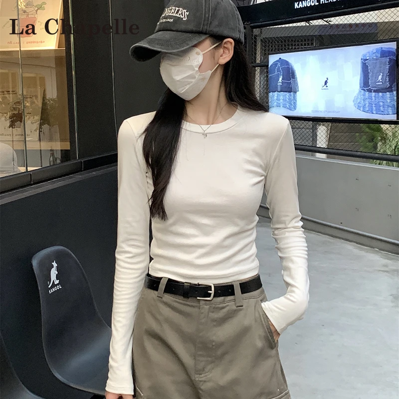拉夏贝尔白色圆领长袖打底衫女2025秋季新款正肩女装禅意仙气飘飘