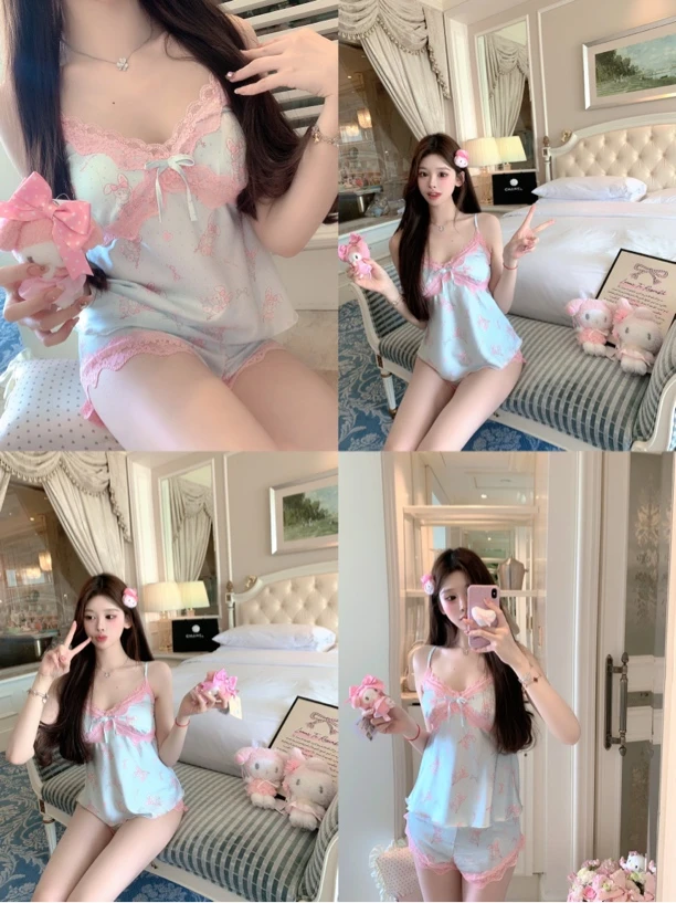 捞捞酱「草莓奶兔」原创线可爱吊带短裤睡裙纯欲蕾丝花边2025睡衣1