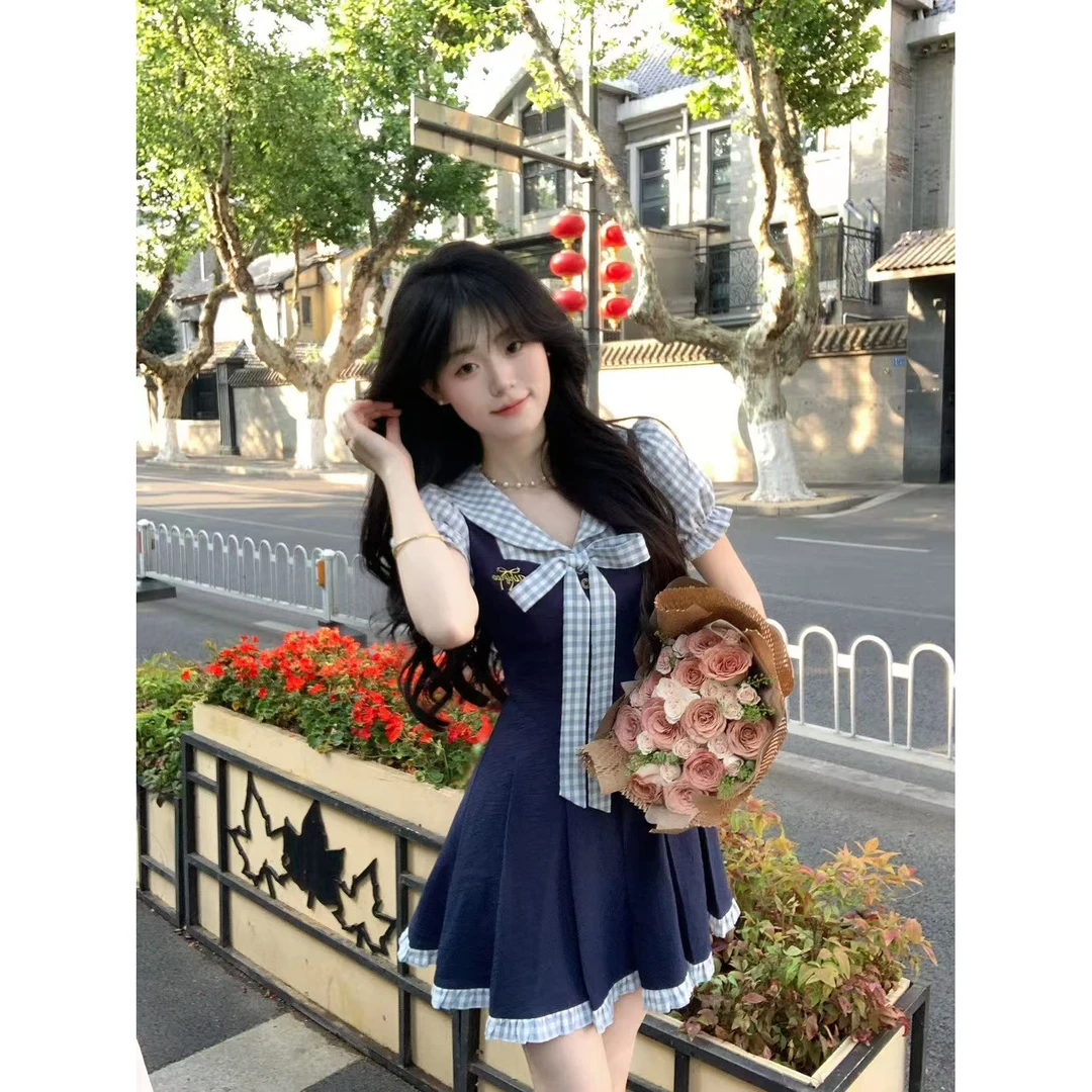苍蓝篇章 学院风甜美娃娃领假两件格纹撞色百褶连衣裙夏