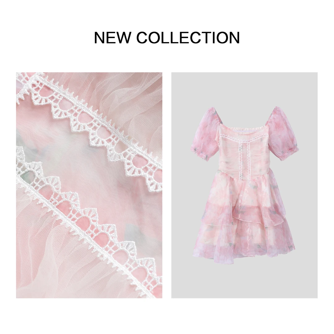 【龙哥专属】L3F2533X粉调扎染方领泡泡袖蕾丝短裙