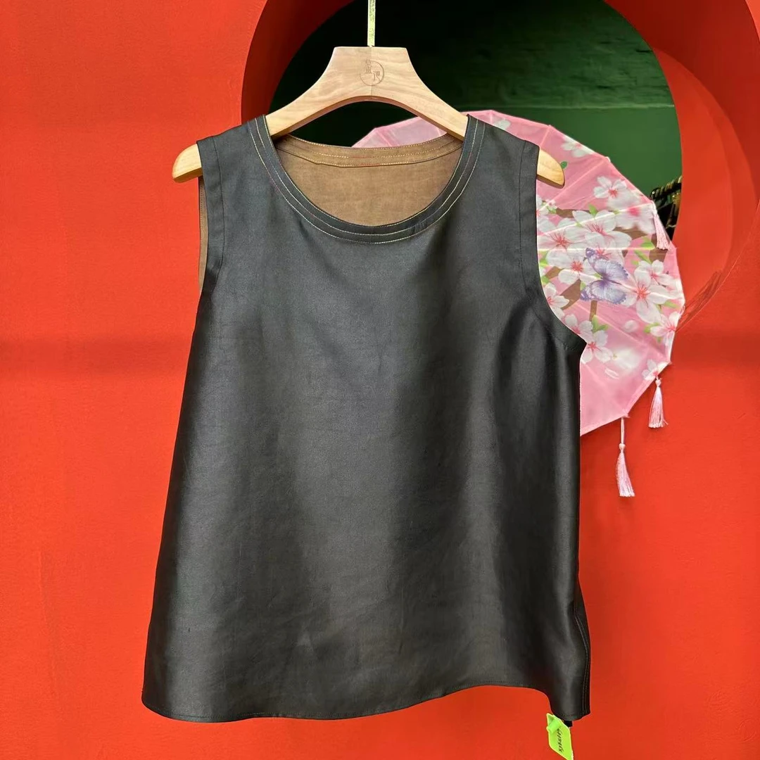 艾可原创七彩线双面穿无袖上衣素平缎平板桑蚕丝香云纱长55起