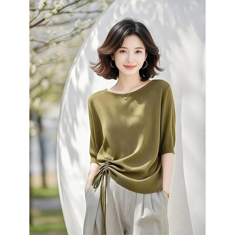 2025春夏韩式新款橄榄绿小众设计感圆领短袖T恤女百搭休闲风上衣