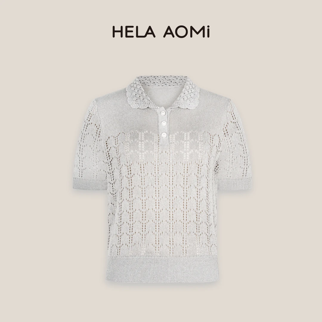 HELAAOMI “针织娃娃领”莱赛尔亚麻镂空花纹短袖针织衫CY5BC32412
