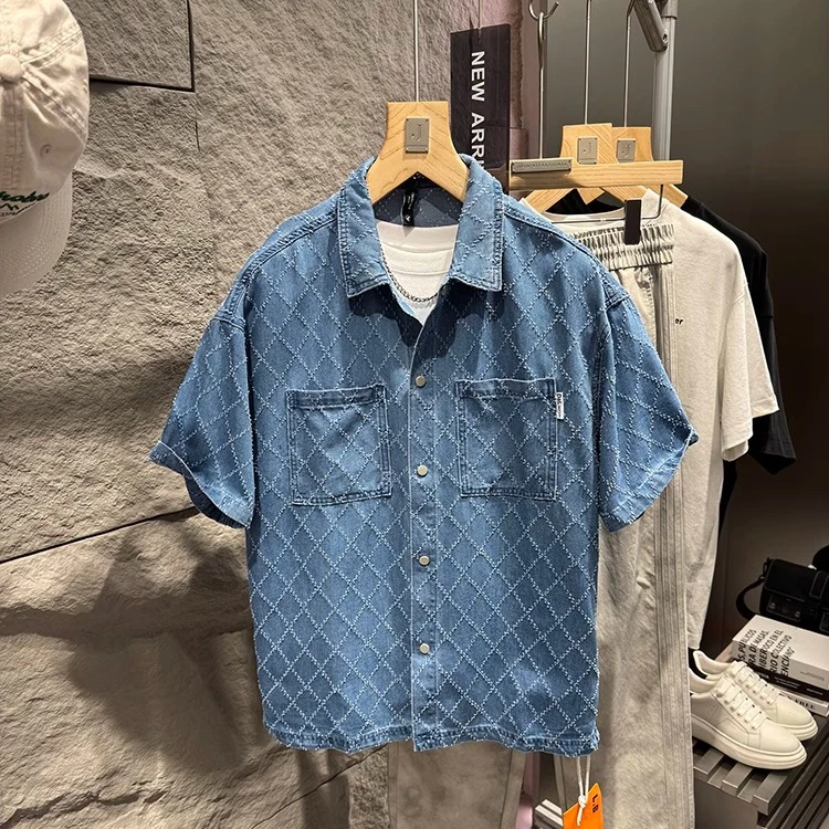 王簰牛货！无di质感！纯手工石磨 腔调男士短袖牛仔衬衫外套2609