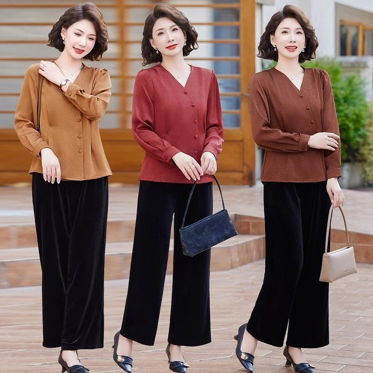 中年妈妈春装时尚气质小衫套装新款洋气裤子减龄上衣阔太太两件套