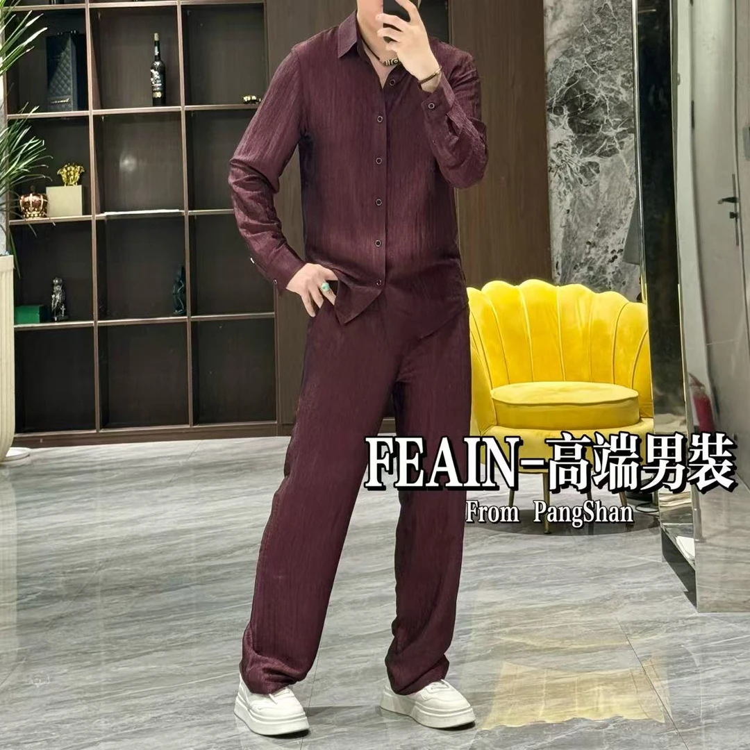 1【进口真醋酸】秋季新品立体褶纹面料抗褶皱工艺衬衫套装2731