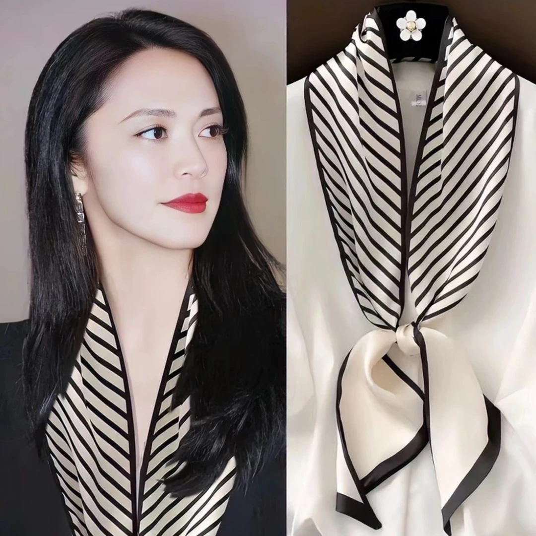 春秋简约百搭气质成人洋气韩版条纹丝巾女薄款复古法式简约轻职风