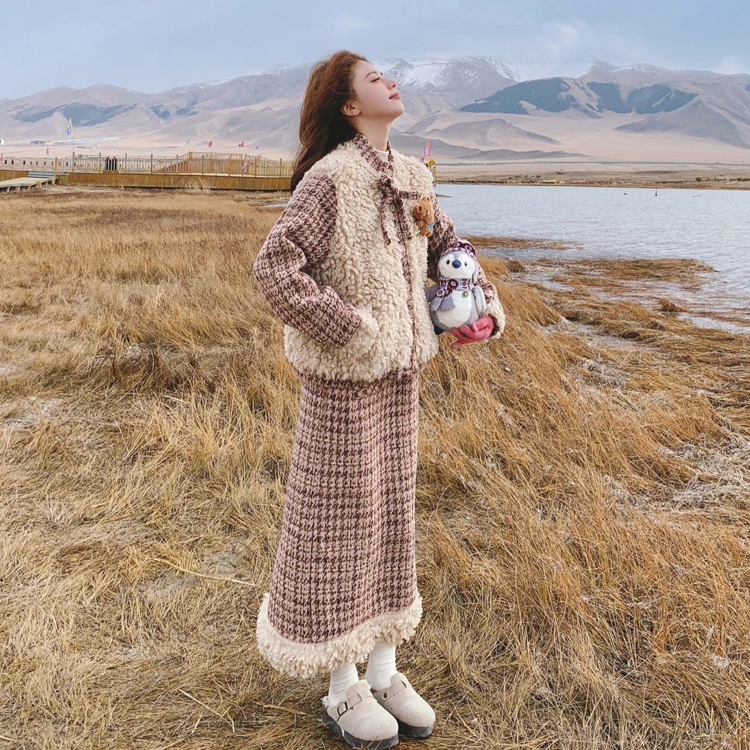 氛围感减龄千鸟格套装裙女2025冬季新款圈圈毛拼接外套半裙两件套