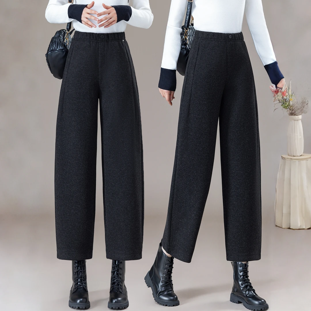 黑灰色毛呢弯刀裤女2025秋冬季新款气质高腰宽松加厚九分香蕉裤子