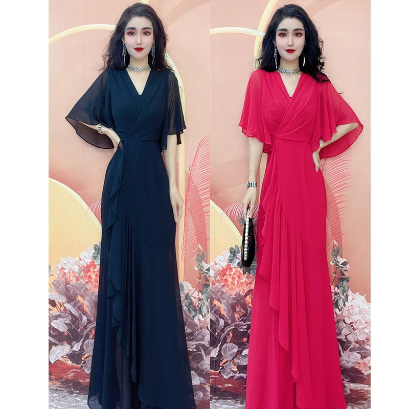 高端轻奢女装高级感玫红色大长裙木耳边不规则连衣裙30522气质