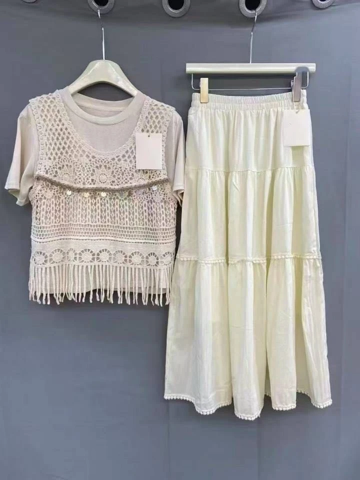 【波西米亚风套装】纯色T恤+半身长裙+重工罩衫马甲 苋 18285(5857)