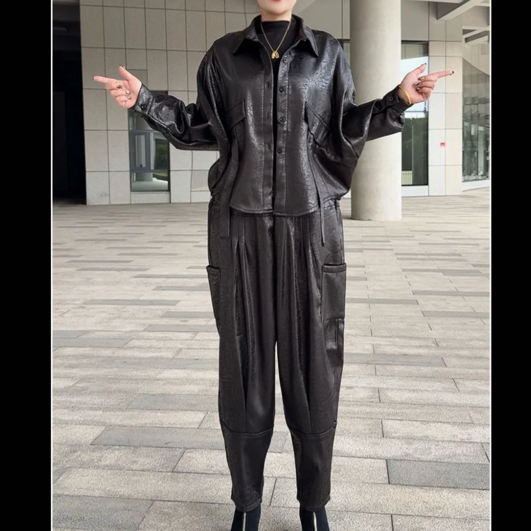 时尚洋气翻领开衫搭配哈伦裤女士休闲套装加绒秋冬新款