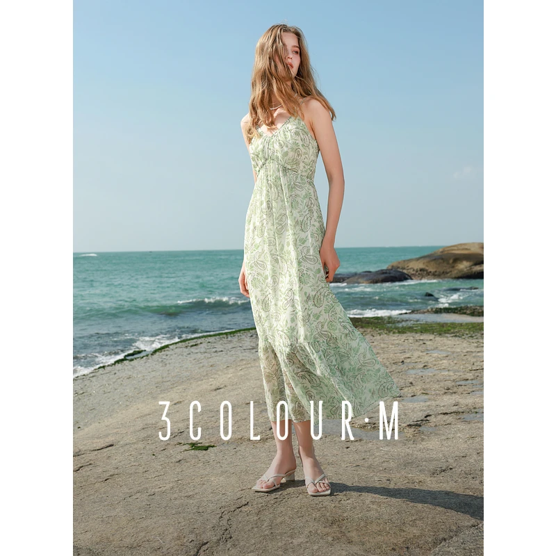 三彩2025秋季新款度假风吊带裙无袖连衣裙A字裙浪漫长裙M