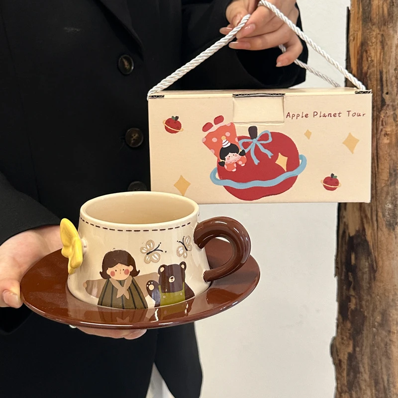 复古蝴蝶女孩咖啡杯碟套装陶瓷马克杯女生礼盒装闺蜜高级感伴手礼
