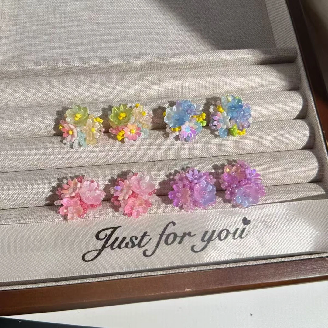 合金树脂耳饰 春季多彩繁花耳钉海边度假风ins小众设计感简约耳环