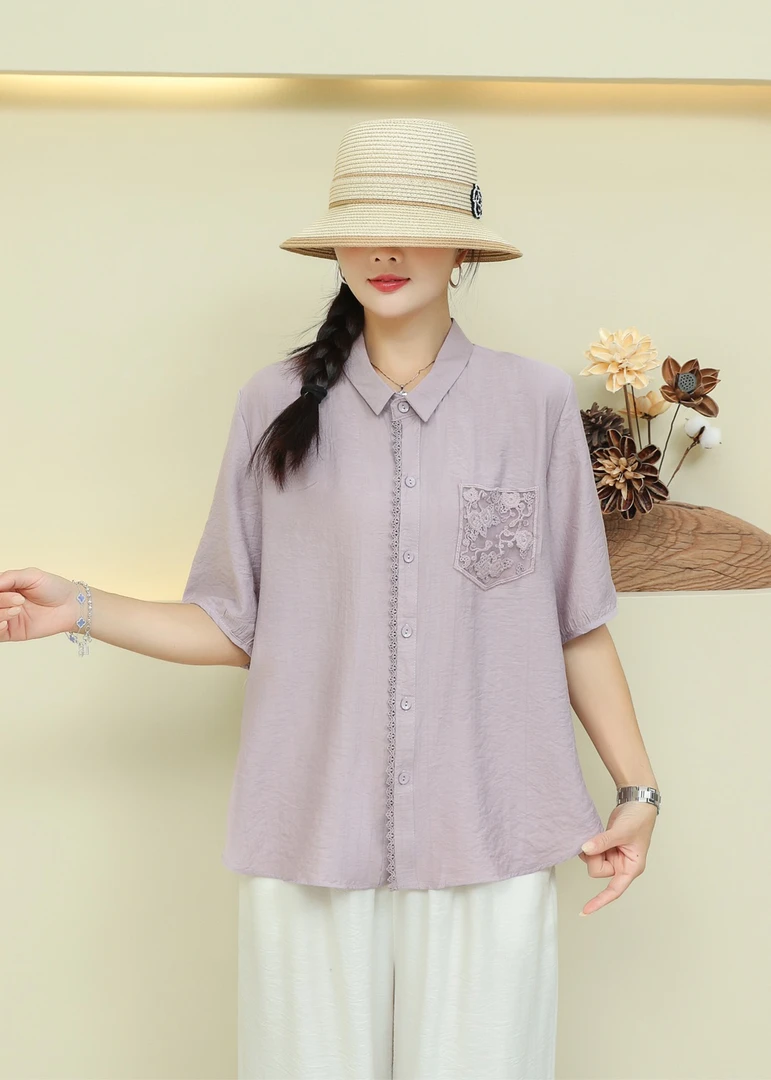 【源佳佳服饰】《3062花边棉麻》短袖方领大码常规夏季上衣衬衫衬衣