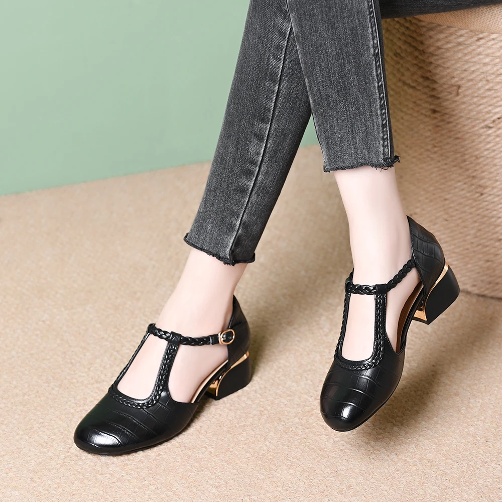 头层牛皮法式2025新款夏季中跟玛丽珍软底粗跟镂空包头罗马凉鞋女