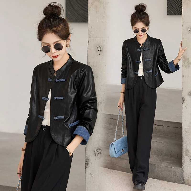 新中式国风长袖复古立领皮衣2025新款春秋显瘦气质短款时尚外套