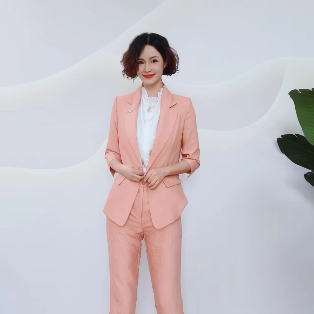 5969 春款气质时尚休闲通勤纯色一粒扣七分袖西装套装