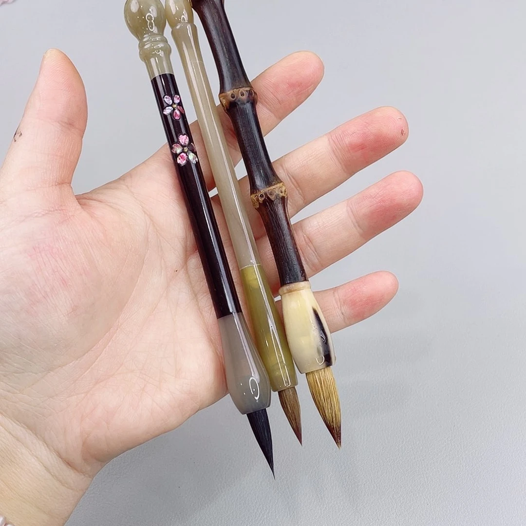 非遗螺钿高端毛笔3支，小花和花蕾牛角紫竹根狼
