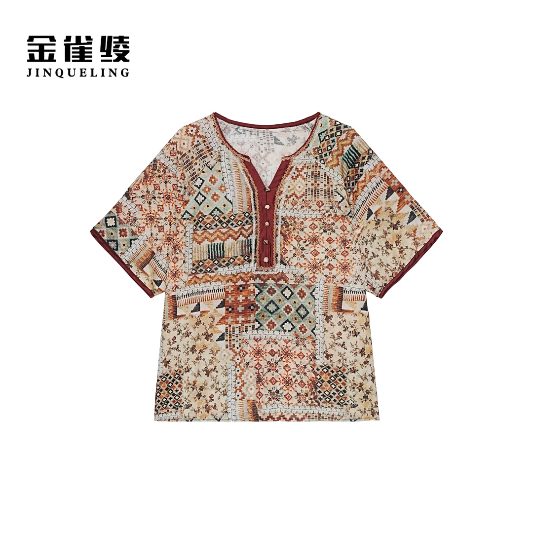 金雀绫【蜜糖花圃】设计师款钉珠工艺民族风加宽加大小衫SZA2S465