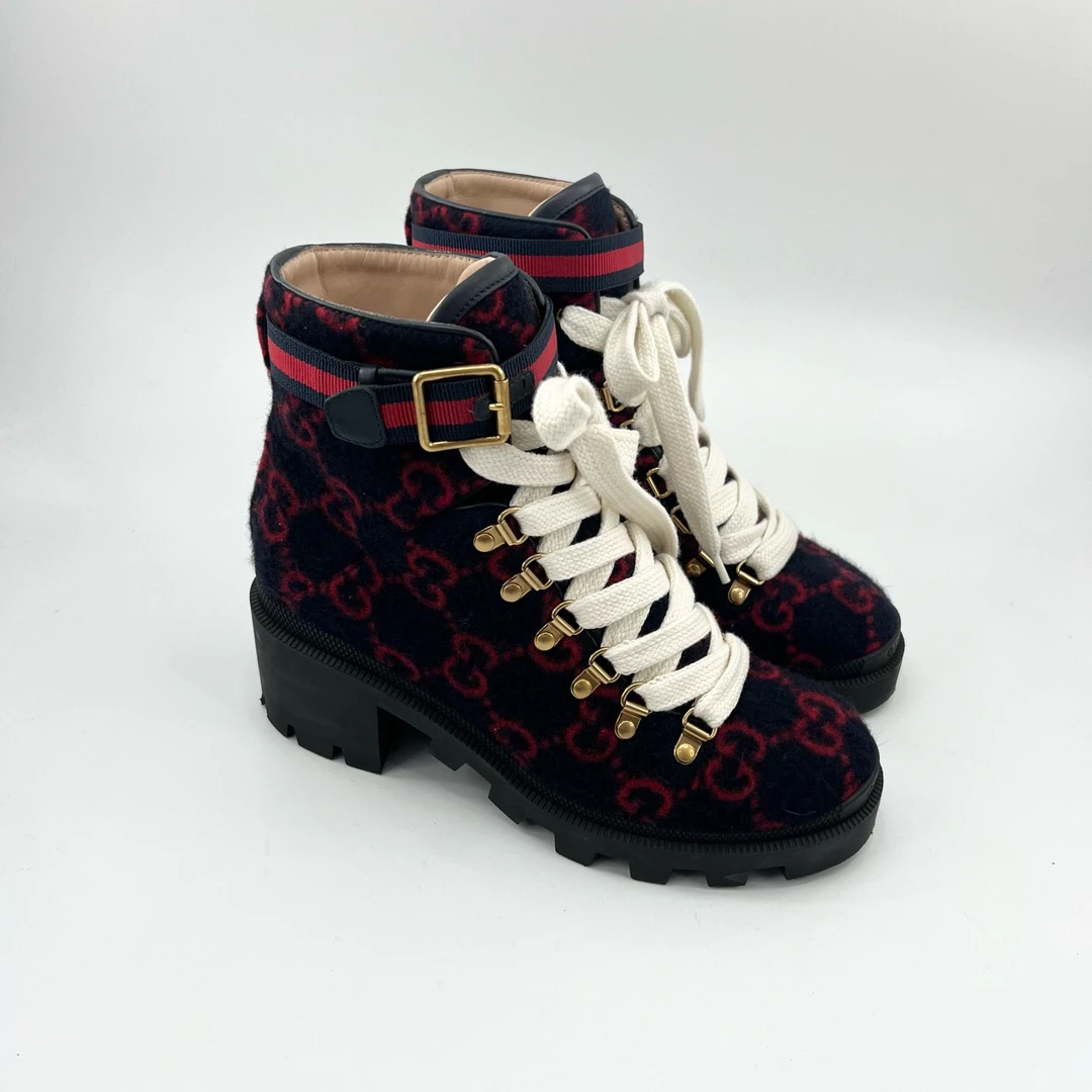 95新 GUCCI/古驰 37码/红蓝古驰满印厚底短靴/pp426318