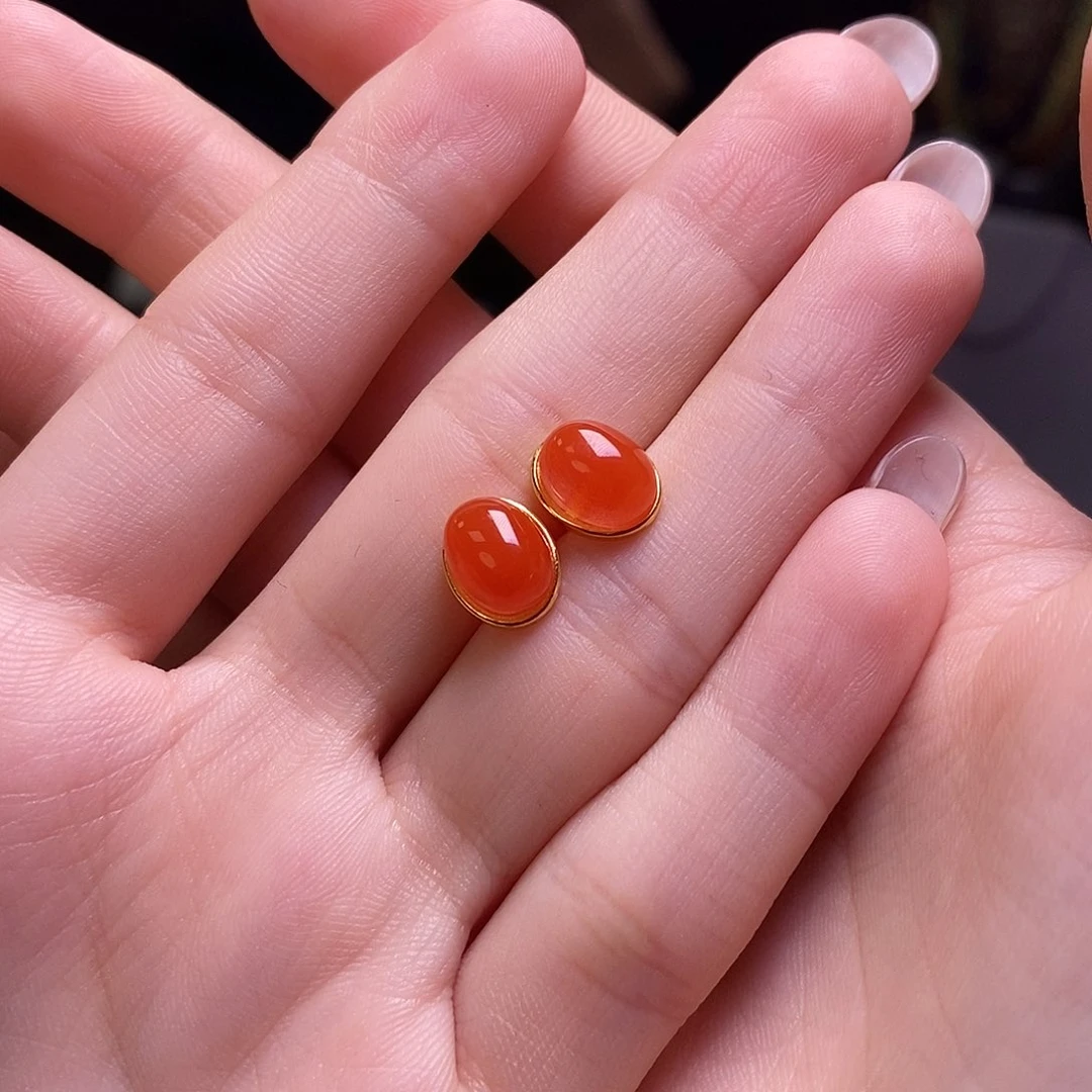 南红玛瑙耳钉银S925镶嵌柿子红