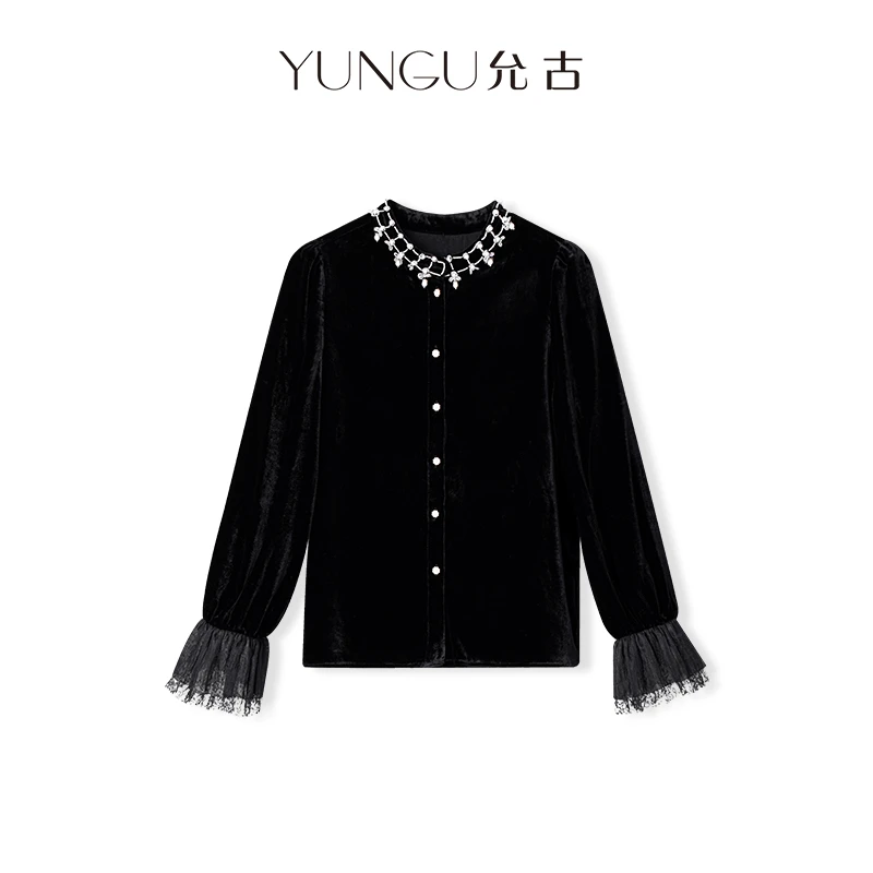 YUNGU允古【流光盛宴】轻奢气质重工钉珠蕾丝喇叭袖真丝丝绒衬衫女