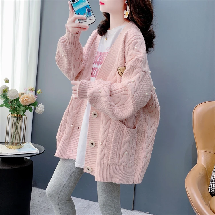 重工钉珠V领毛衣开衫女秋冬2024新款宽松慵懒风洋气针织外套上衣