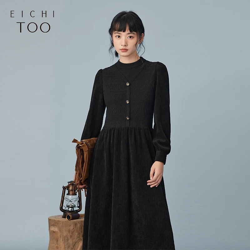 爱居兔女装冬季设计感时尚优雅假两件长袖连衣裙EQLCJ4N008A