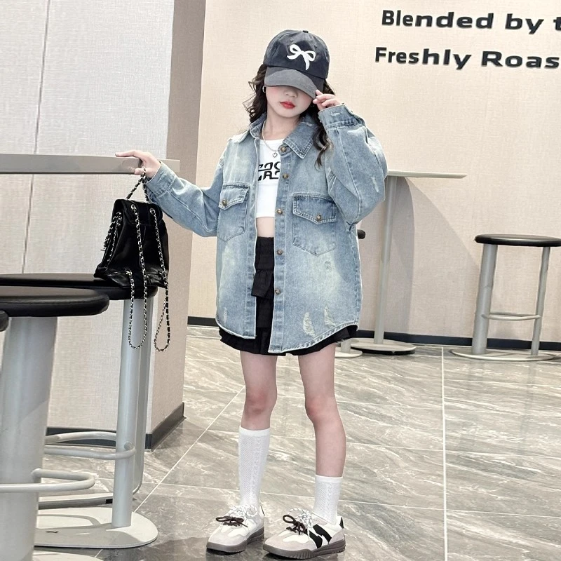 女童牛仔衬衫春秋2025新款韩版女大童超好看衬衣儿童秋装薄款外套