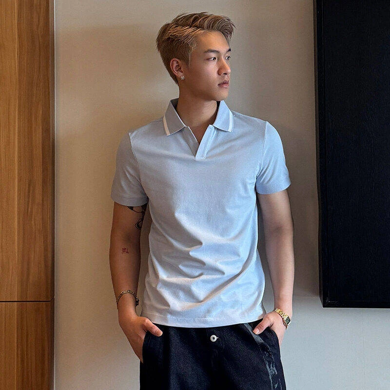 海鸥领短袖Polo衫男款高级感商务休闲V领T恤痞帅潮流修身半翻领
