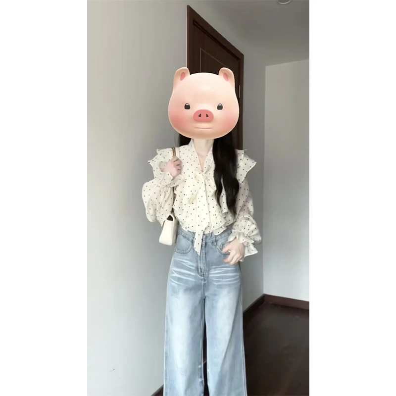 清3017女士早秋季法式气质修身显瘦系带衬衫上衣高腰宽松牛仔裤