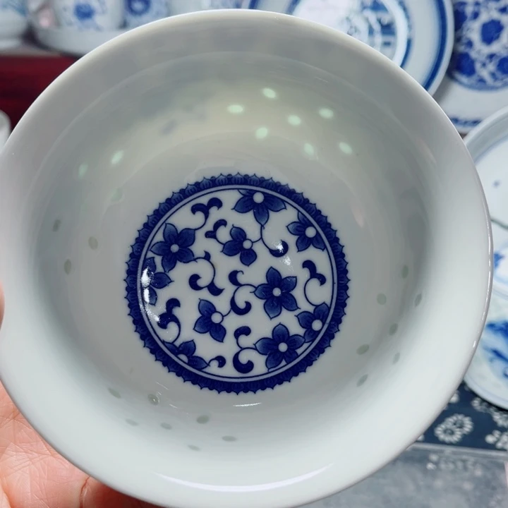 青花玲珑5寸饭碗紫荆花无花