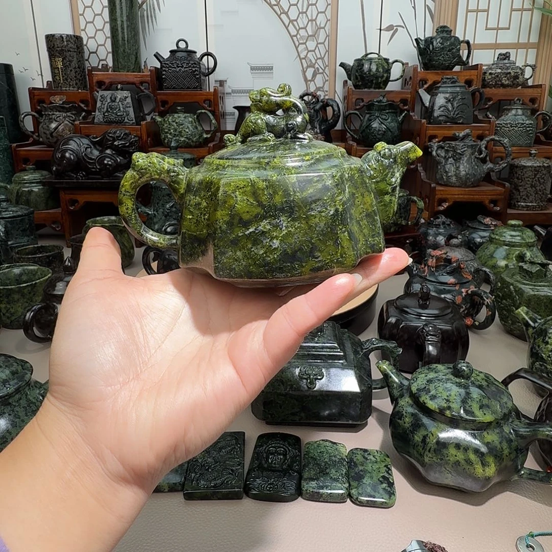 贾***店蛇纹石玉未镶嵌藏玉药王精美茶壶