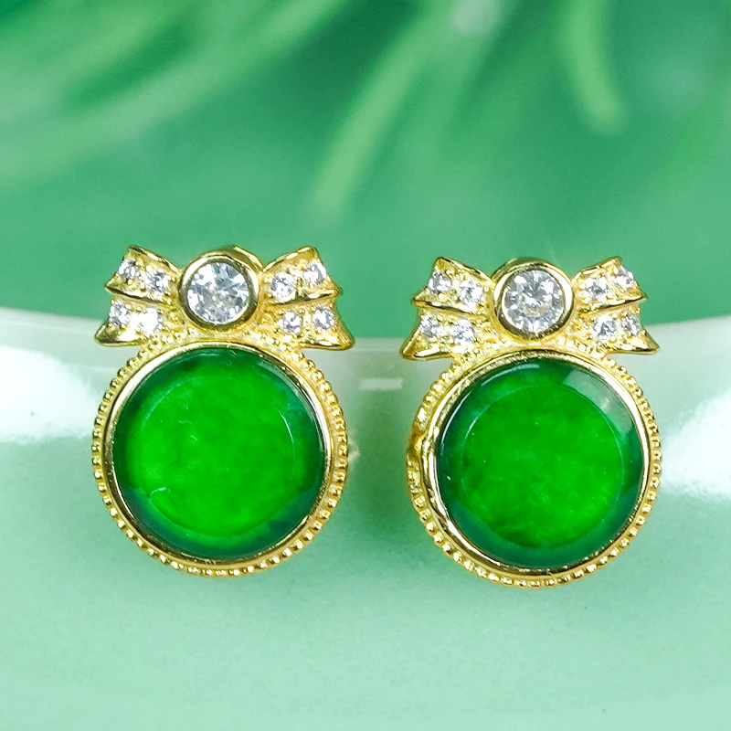 天然翡翠A货银镶嵌时尚蝴蝶结设计感满辣绿翡翠龙石圆牌耳钉